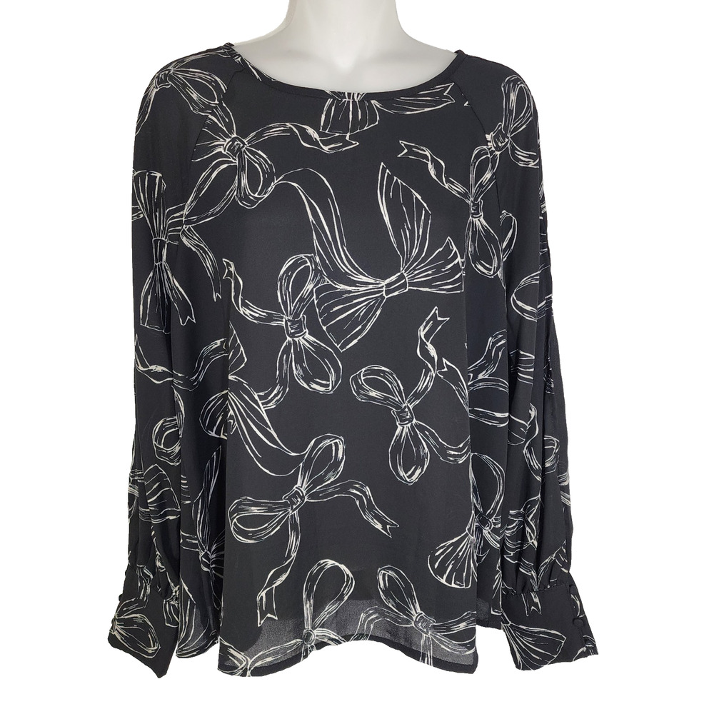 Maurice’s Womens Fallon Bow Print Blouse Black White Open Slit Sleeve Size Small